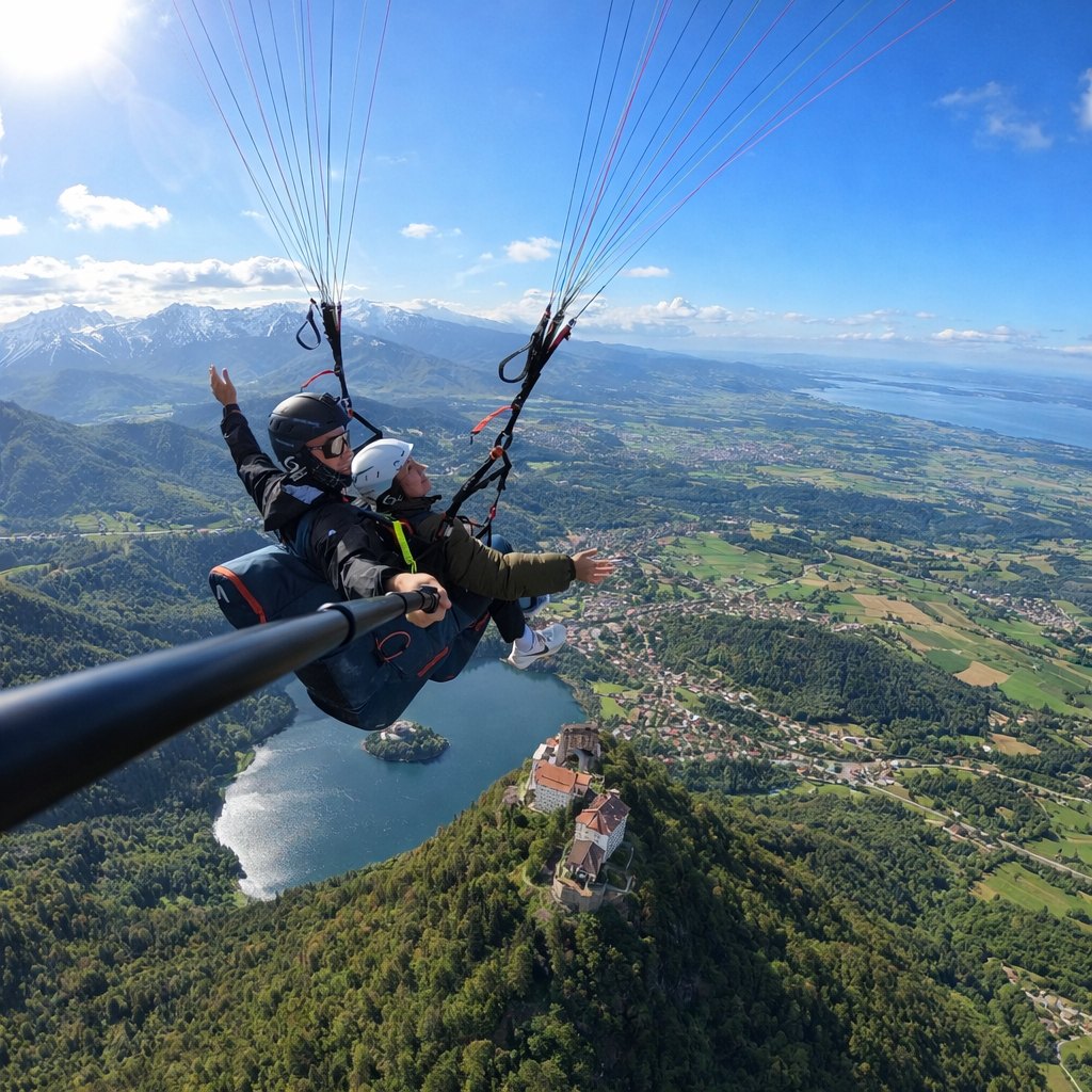 Tandemski polet z jadralnim padalom nad Blejskim jezerom, potnik in pilot v zraku